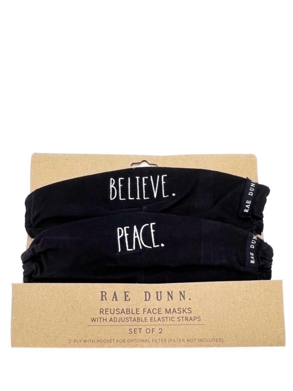 Rae Dunn Face Masks “Believe” and “Peace” Black White Christmas Holiday New NWT